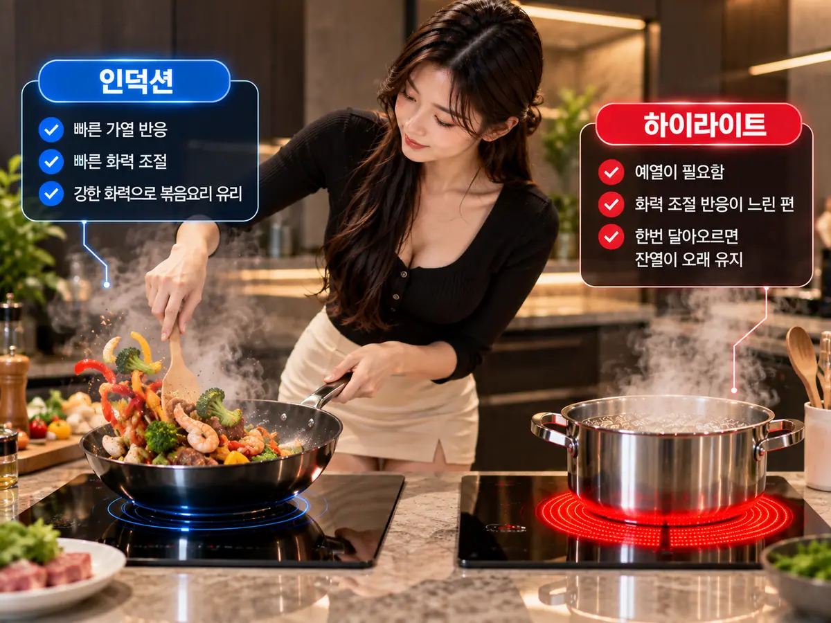 인덕션과 하이라이트 화력 반응과 조리 속도 비교